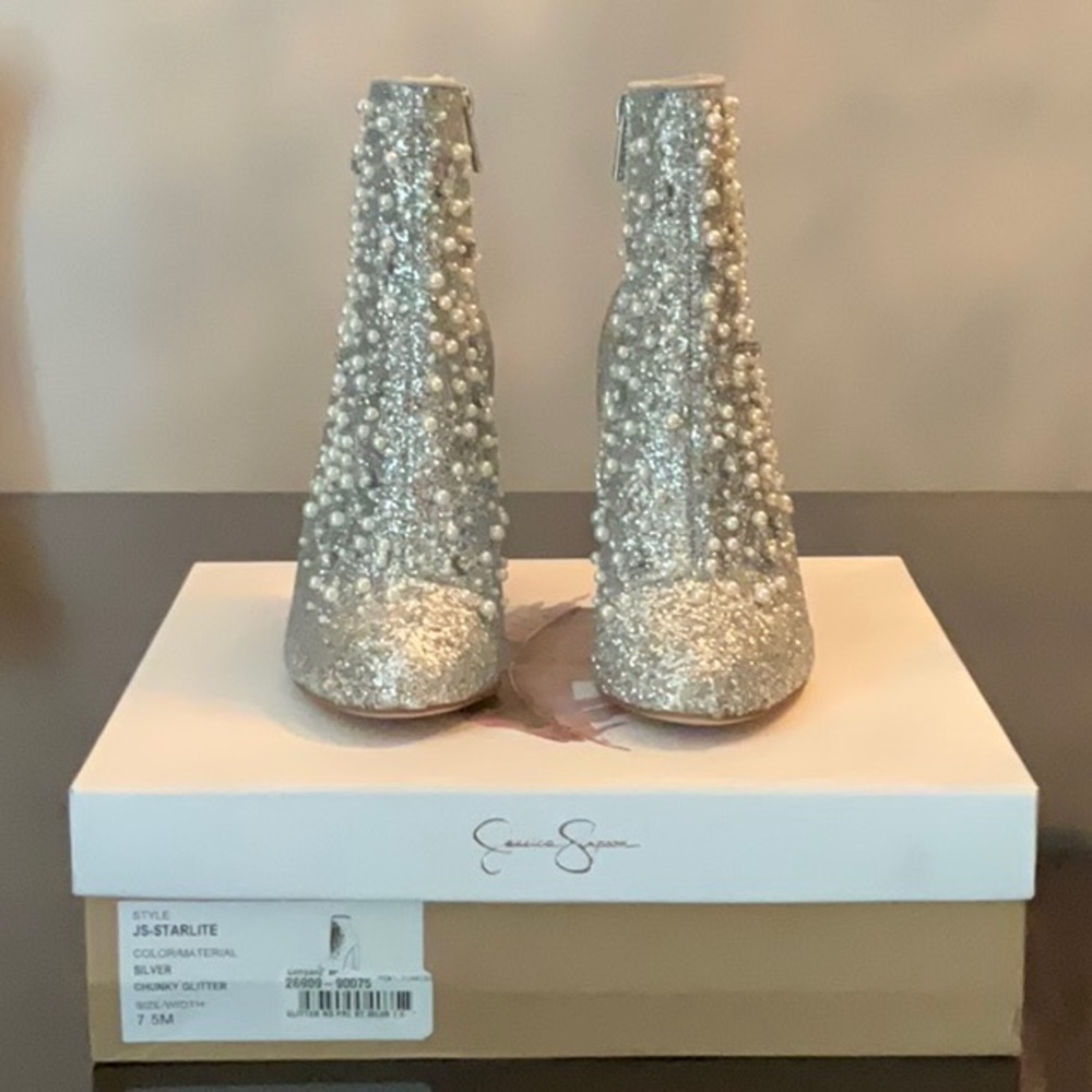 Silver Glitter Ankle Boots with Pearls